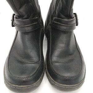 Call It Spring Black Vegan Leather Boots Side Zipper & Buckles - Sz.7 (Runs Sm.)